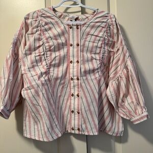 BluHeaven Striped Ruched 3/4 Puff Sleeve Blouse NEW Cotton Button Detail Sz L